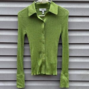 Cos | Green Metallic Ribbed Collar Long Sleeve Shirt size Extra Small